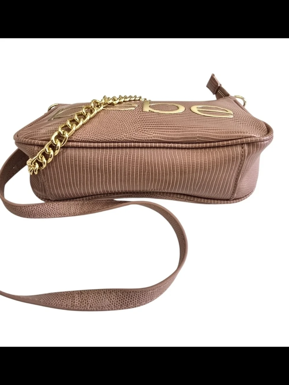 bebe Dusty Rose Fabiola Lizard-Embossed Gold Chain Shoulder Bag Purse *
